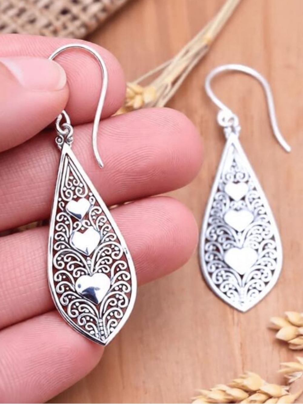 Silver Heart Filigree Teardrop Earrings - Women Jewelry
